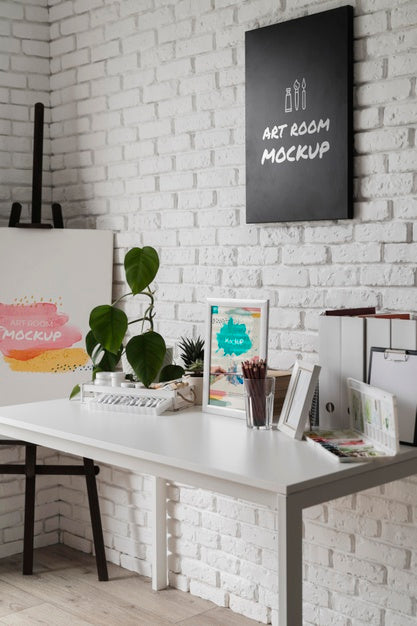 Free Artist Workplace Desk With Tools Psd