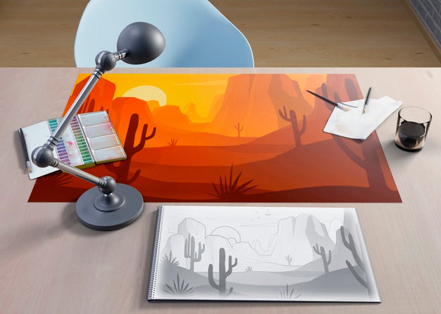 Free Artistic Drawing On Paper Sheets On Desk Psd