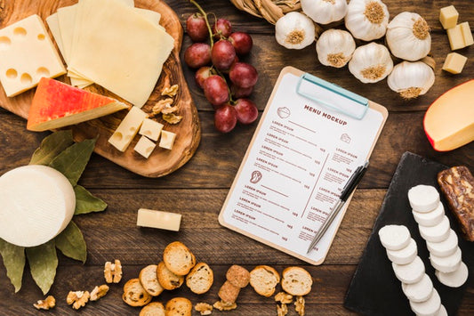 Free Assortment Of Delicious Types Of Food With Clipboard Mock-Up Psd