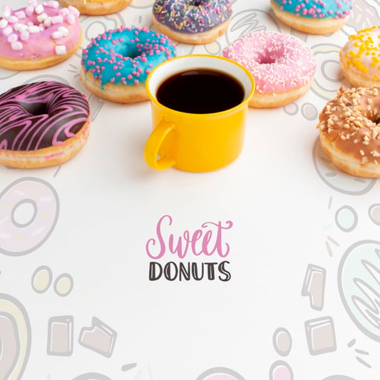 Free Assortment Of Donuts And Black Coffee With Mock-Up Psd