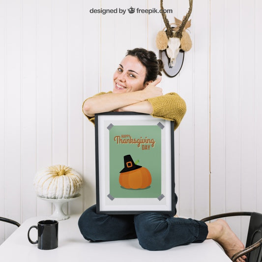 Free Autumn Mockup With Happy Woman And Frame Psd