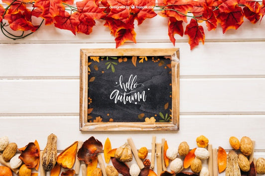 Free Autumn Mockup With Slate In Between Leaves Psd