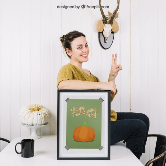 Free Autumn Mockup With Woman And Frame On Table Psd