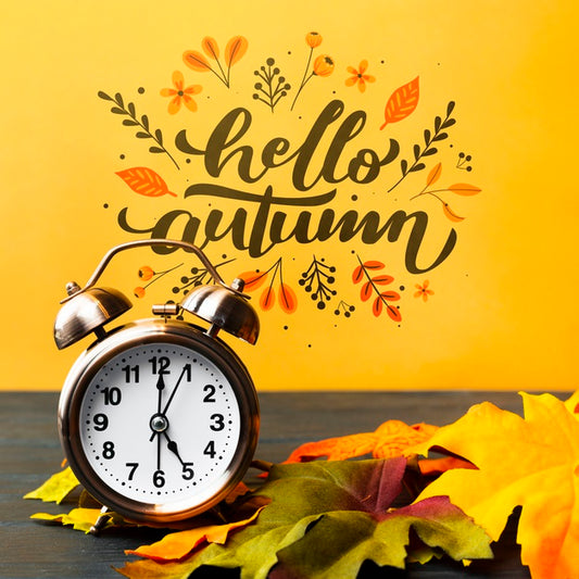 Free Autumnal Arrangement With Clock And Leaves Psd