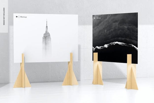 Free B0 Poster On Wood Stands Mockup, Perspective Psd