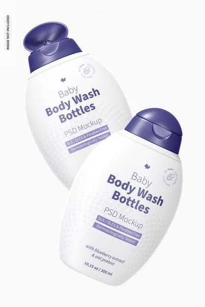 Free Baby Body Wash Bottles Mockup, Floating Psd