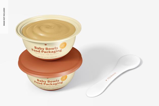 Free Baby Bowls Food Packaging Mockup, Stacked Psd