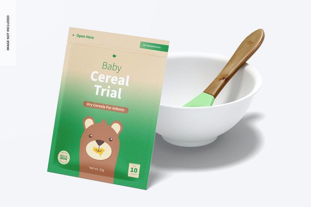 Free Baby Cereal Trial Pack Mockup, Perspective Psd
