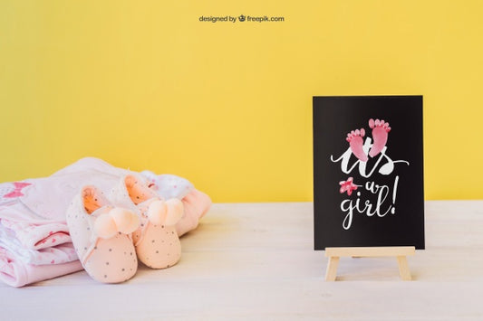 Free Baby Girl Mockup With Board And Shoes Psd