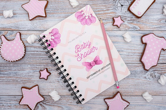 Free Baby Shower Decorations With Pink Notebook Psd