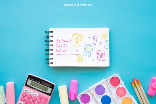Free Back To School Mockup With Notepad And Chalk Psd