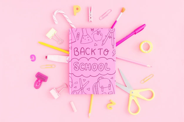 Free Back To School Mockup With Pink Notebook Cover Psd