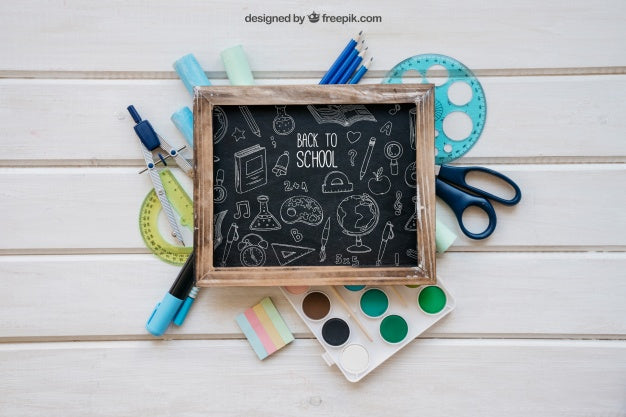 Free Back To School Mockup With Slate On School Objects Psd