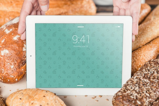 Free Bakery Mockup With Tablet Psd