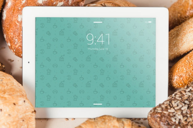 Free Bakery Mockup With Tablet Psd