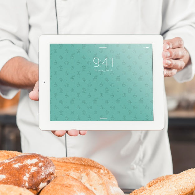 Free Bakery Mockup With Tablet Psd