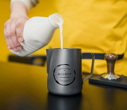 Free Barista Pouring Milk In Jug Mock-Up Psd
