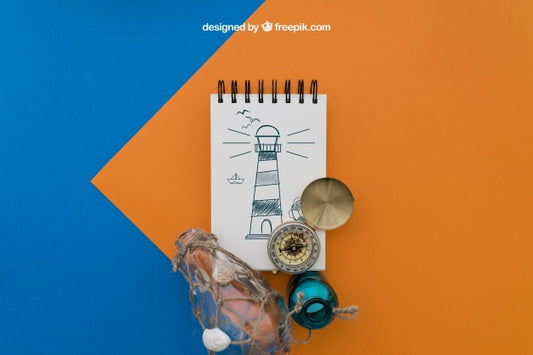 Free Beach Items With Notepad On Orange And Blue Background Psd