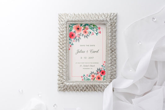Free Beautiful Arrangement Of Wedding Elements With Frame Mock-Up Psd