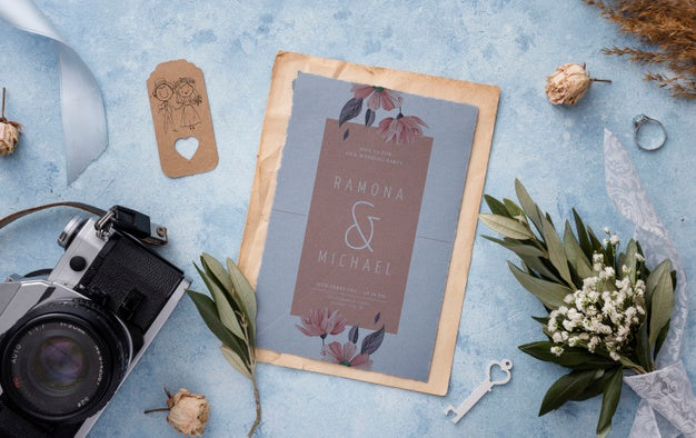 Free Beautiful Assortment Of Wedding Elements With Card Mock-Up Psd