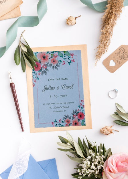 Free Beautiful Composition Of Wedding Elements With Invitation Mock-Up Psd