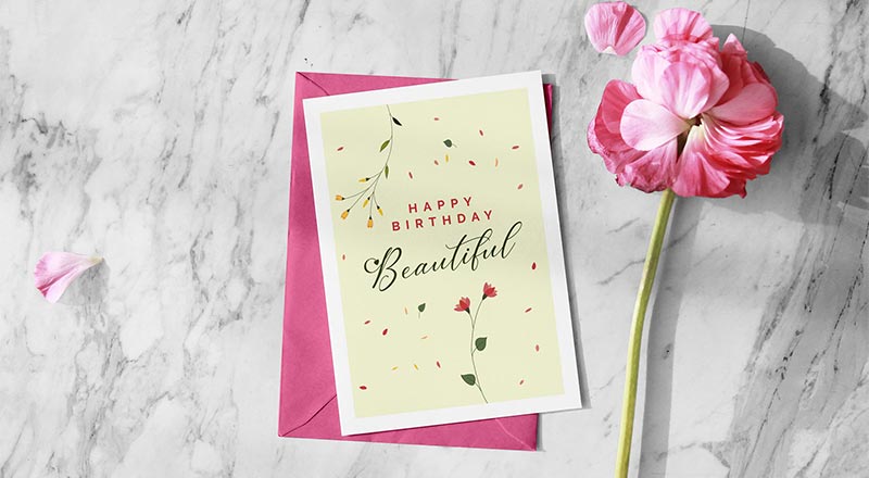 Free Beautiful Happy Birthday Greeting Card Design & Envelope Mockup Psd