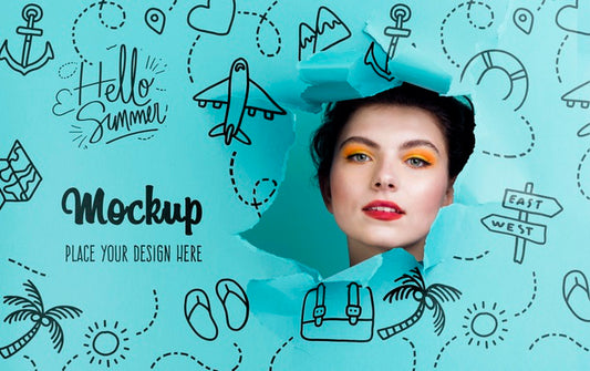Free Beautiful Woman With Summer Make-Up Mock-Up Psd