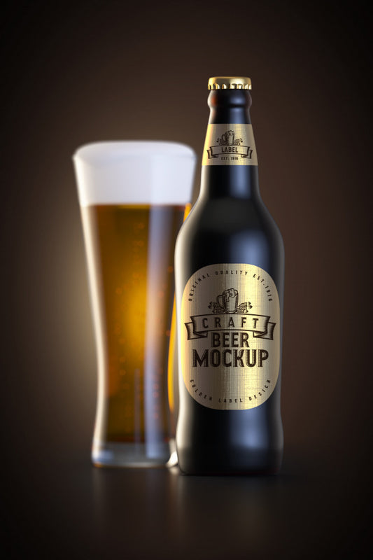 Free Beer Glass And Bottle With Label Mockup Psd