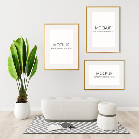 Free Bench In White Living Room With Frame Mockup Psd
