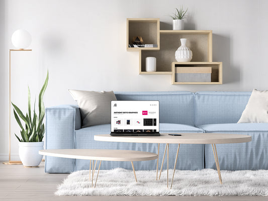 Free Bezel-Less Macbook Pro In Living Room Mockup