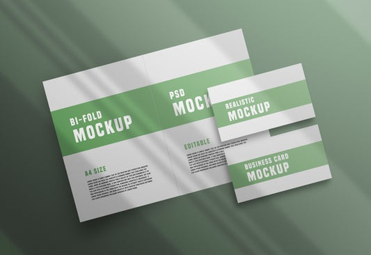 Free Bifold Brochure With A Business Card Psd Mockup Psd