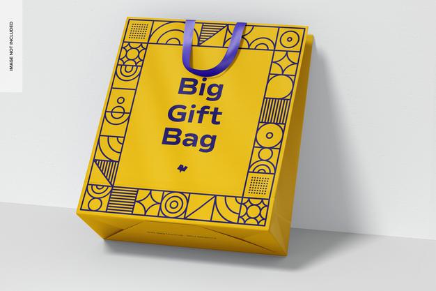 Free Big Gift Bag With Ribbon Handle Mockup, Leaned Psd