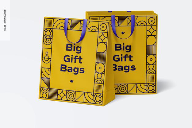 Free Big Gift Bags With Ribbon Handle Mockup, Front View Psd