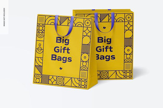 Free Big Gift Bags With Ribbon Handle Mockup, Front View Psd