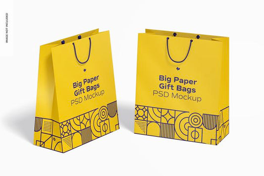 Free Big Paper Gift Bag With Rope Handle Mockup, Perspective View Psd