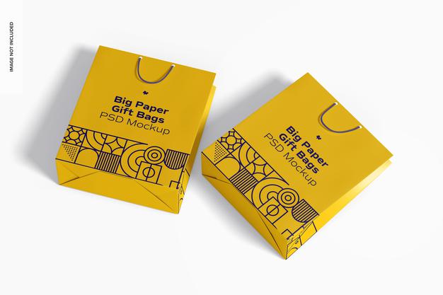 Free Big Paper Gift Bags With Rope Handle Mockup, Top View Psd