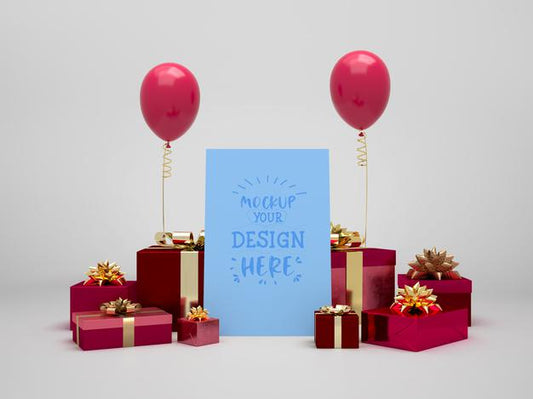 Free Birthday Card Mockup Among Presents And Balloons Psd