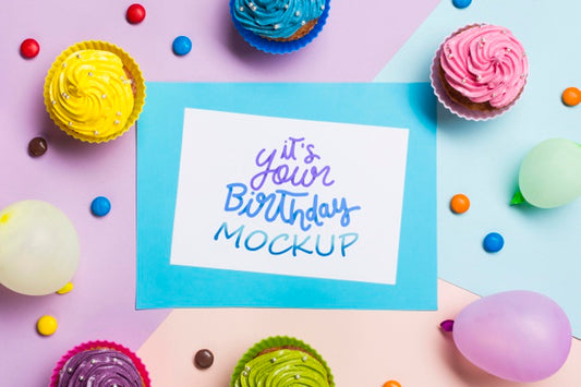 Free Birthday Concept With Colorful Cupcakes Psd