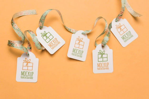 Free Birthday Gift Tags Mock-Ups With Floral Ribbons Psd