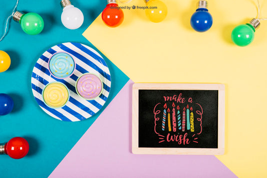 Free Birthday Mockup With Slate And Colorful Bubls Psd