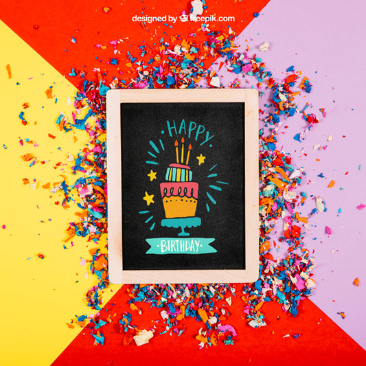 Free Birthday Mockup With Slate And Confetti Psd