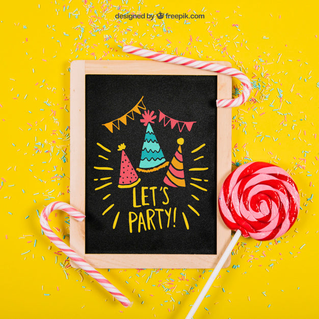 Free Birthday Mockup With Slate And Lollipop Psd