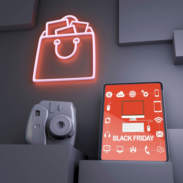 Free Black Friday Background With Tablet Mock-Up And Red Neon Lights Psd