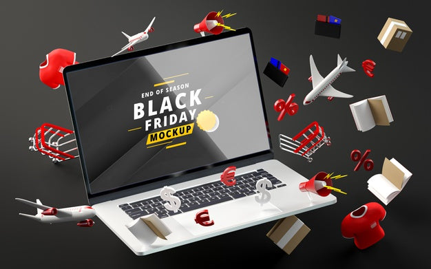Free Black Friday Discount Items Mock-Up Black Background Psd