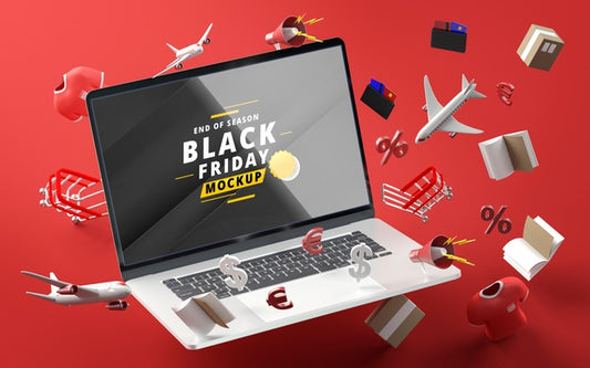 Free Black Friday Discount Items Mock-Up Red Background Psd