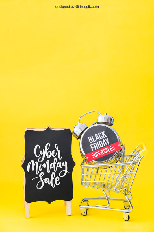 Free Black Friday Mockup With Alarm In Cart Psd