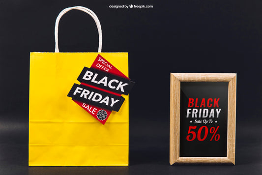Free Black Friday Mockup With Bag And Frame Psd