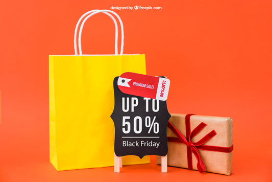 Free Black Friday Mockup With Bag And Gift Psd