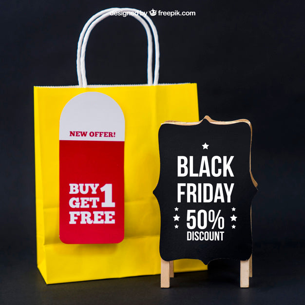 Free Black Friday Mockup With Bag Next To Board Psd