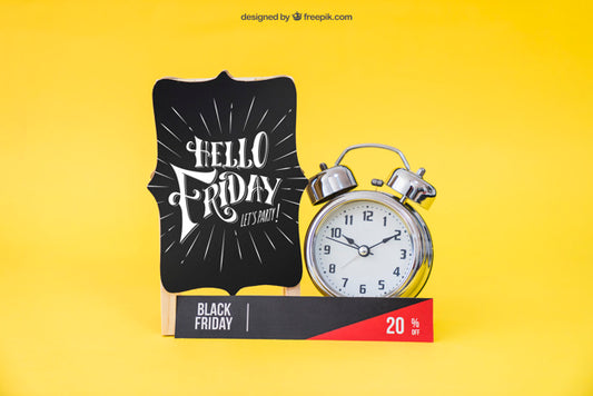 Free Black Friday Mockup With Banner And Alarm Psd